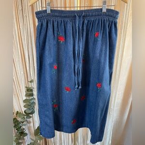 Vintage 1990s BonWorth Denim Skirt with Embroidered Roses elastic waist w/ tie